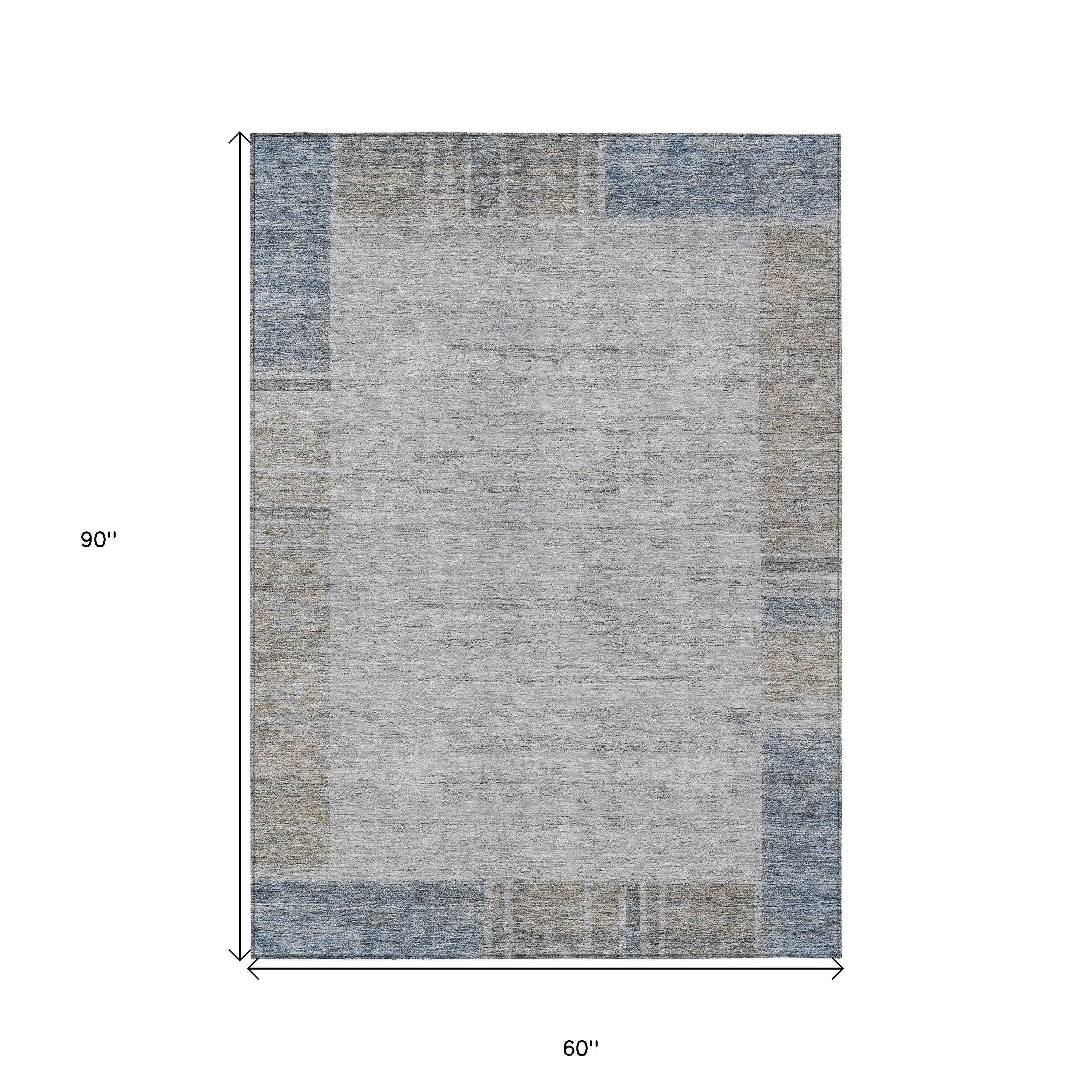 5' X 8' Taupe Beige And Blue Geometric Washable Indoor Outdoor Area Rug