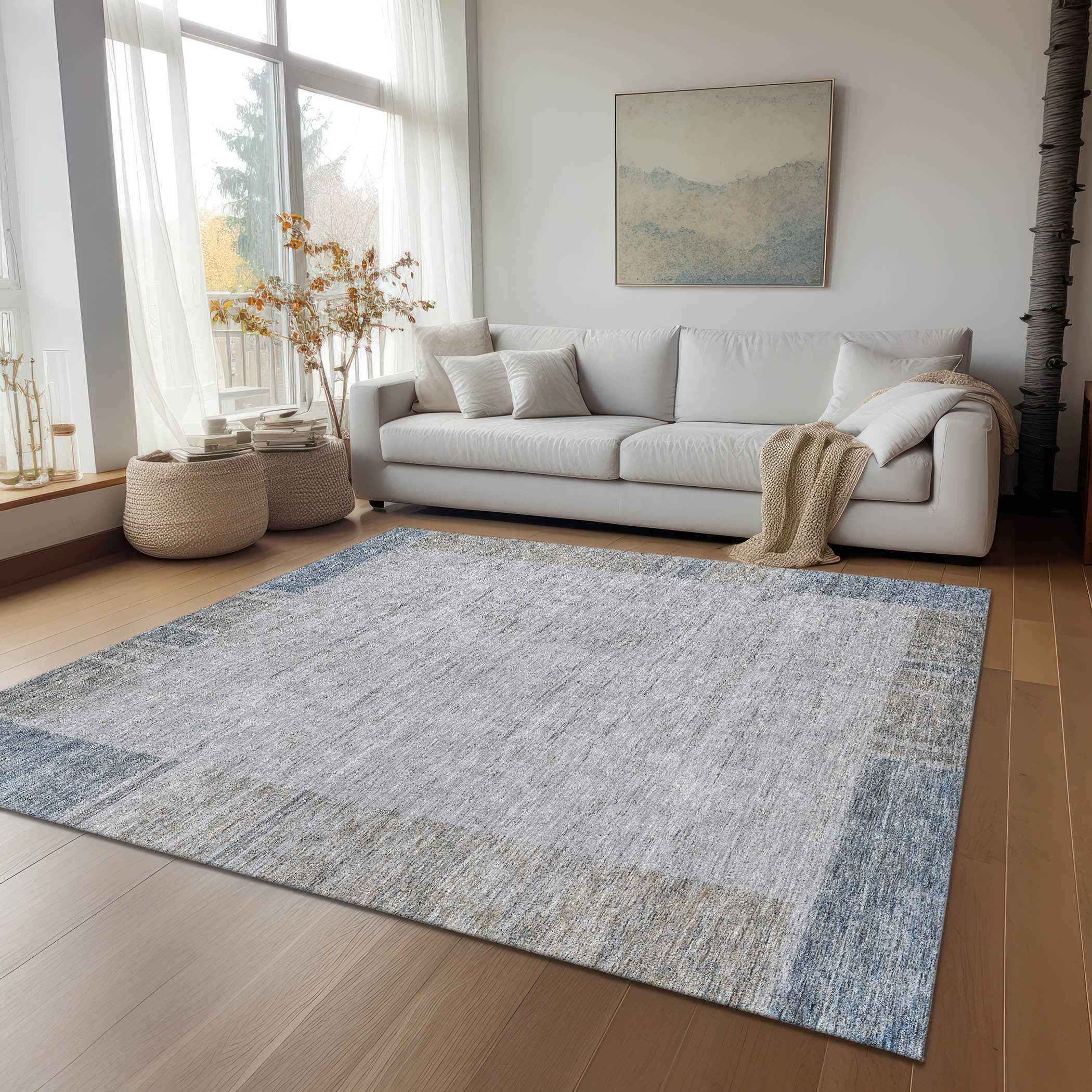 5' X 8' Taupe Beige And Blue Geometric Washable Indoor Outdoor Area Rug