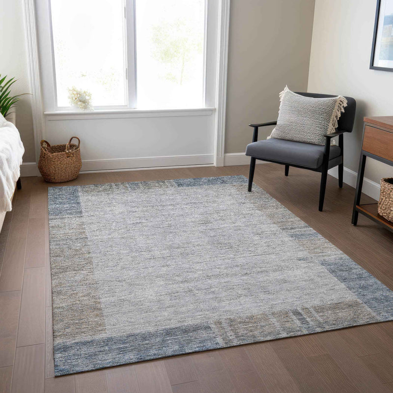 5' X 8' Taupe Beige And Blue Geometric Washable Indoor Outdoor Area Rug