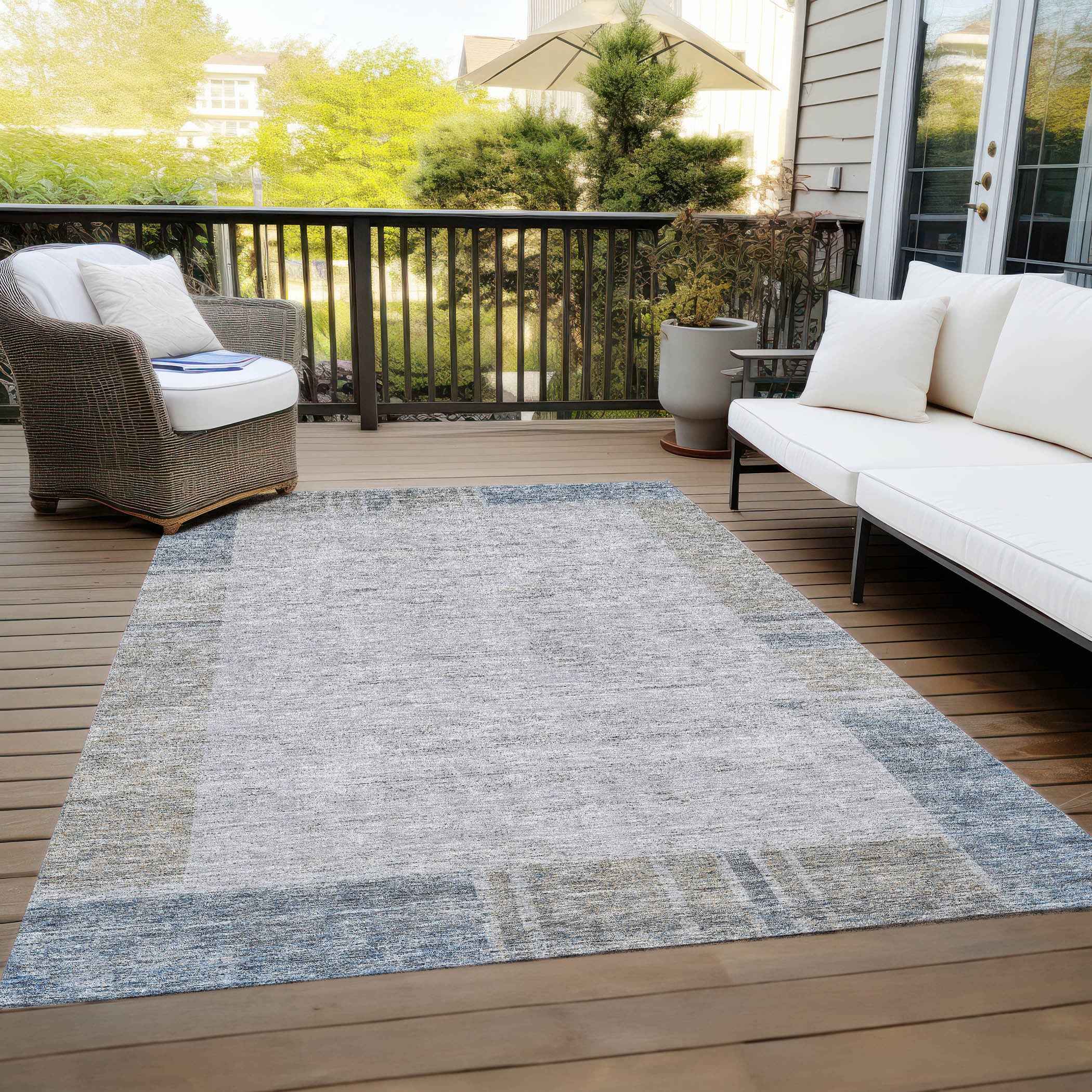 5' X 8' Taupe Beige And Blue Geometric Washable Indoor Outdoor Area Rug