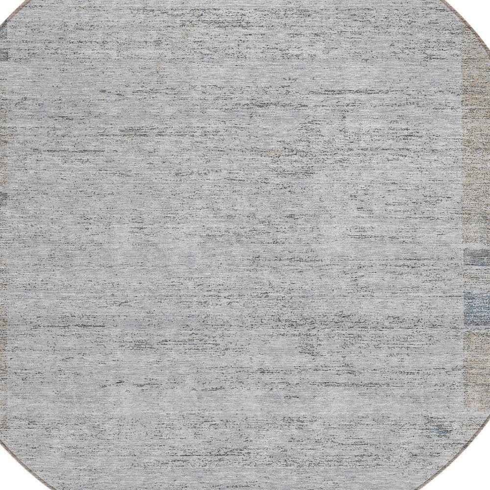 8' Taupe Beige And Blue Round Geometric Washable Indoor Outdoor Area Rug