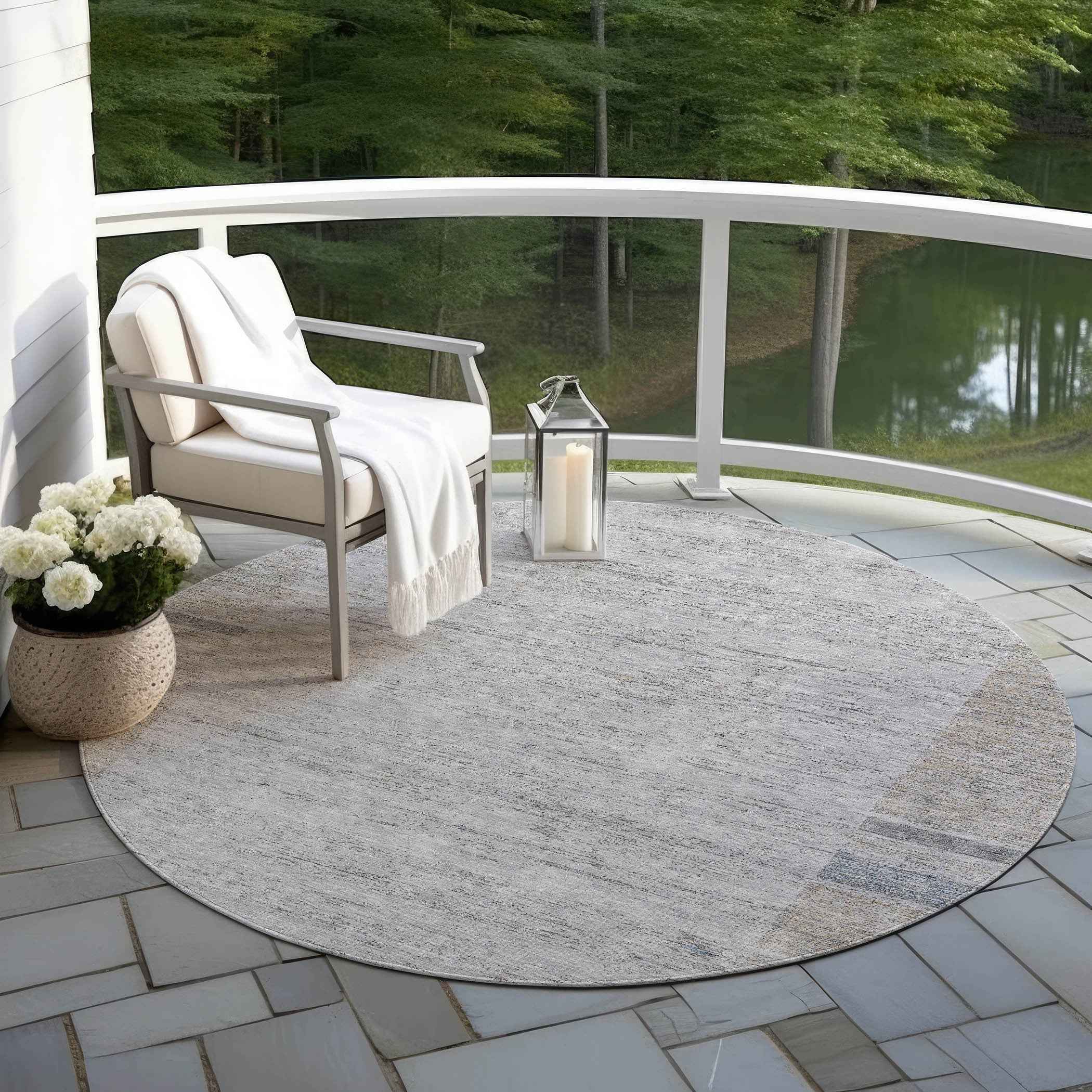 8' Taupe Beige And Blue Round Geometric Washable Indoor Outdoor Area Rug