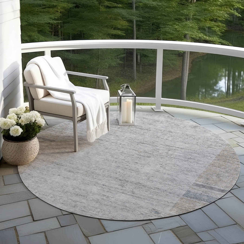 8' Taupe Beige And Blue Round Geometric Washable Indoor Outdoor Area Rug