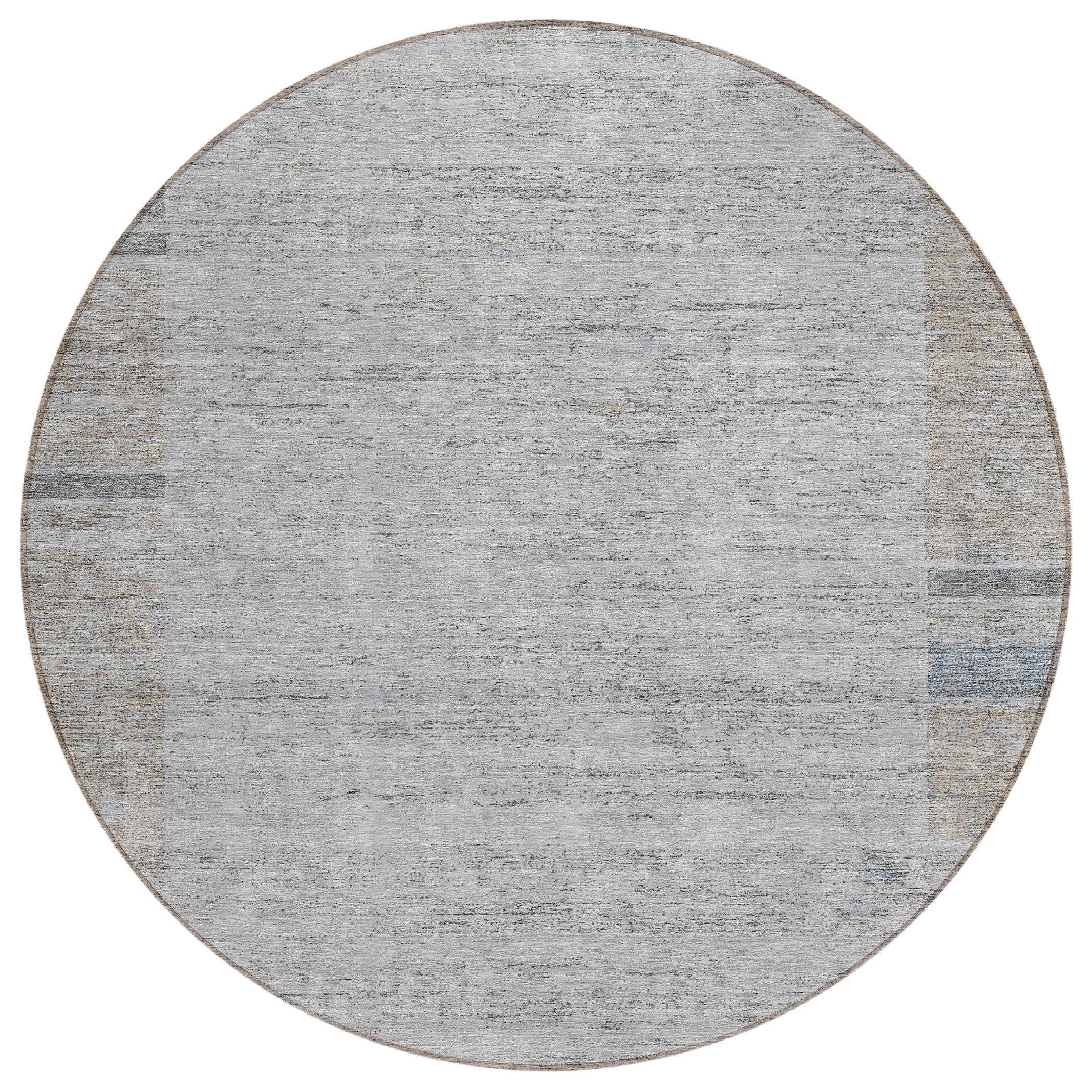 8' Taupe Beige And Blue Round Geometric Washable Indoor Outdoor Area Rug