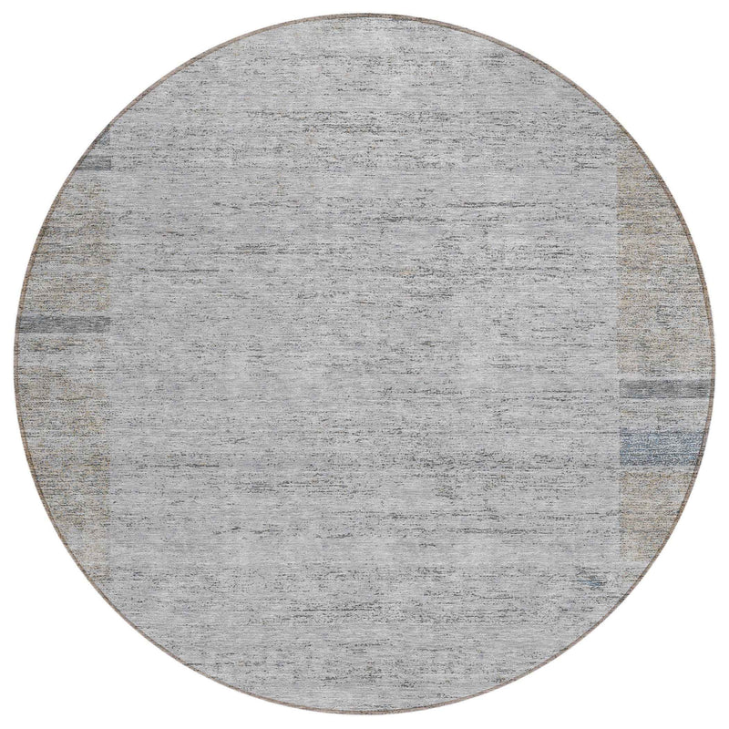8' Taupe Beige And Blue Round Geometric Washable Indoor Outdoor Area Rug
