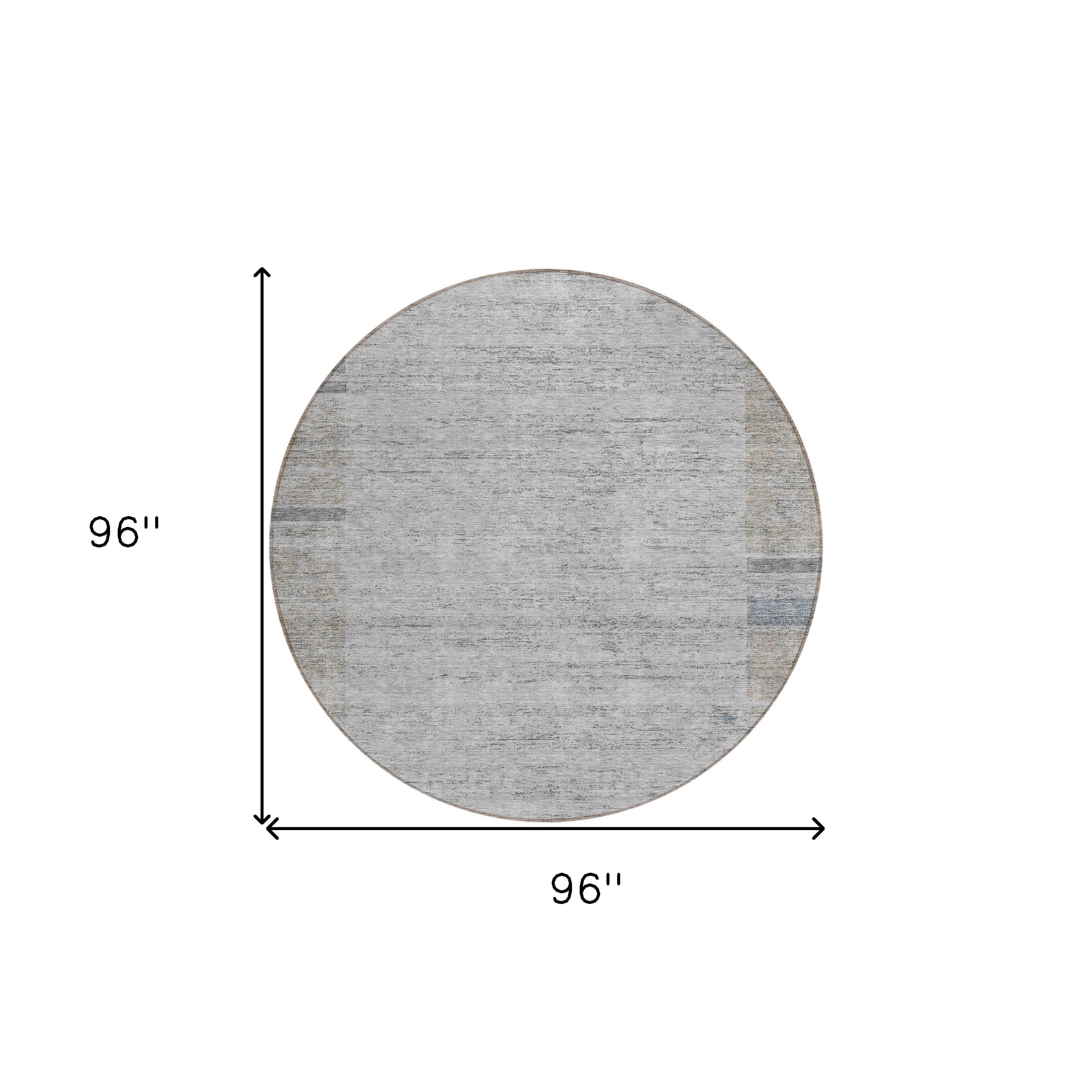 8' Taupe Beige And Blue Round Geometric Washable Indoor Outdoor Area Rug