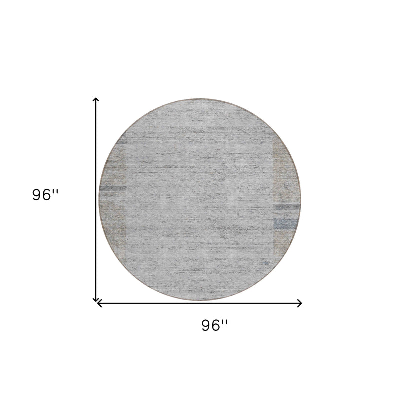 8' Taupe Beige And Blue Round Geometric Washable Indoor Outdoor Area Rug