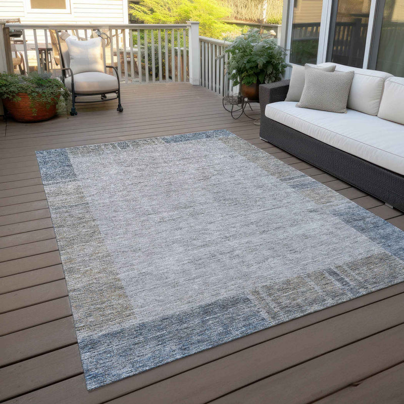 3' X 5' Taupe Beige And Blue Geometric Washable Indoor Outdoor Area Rug
