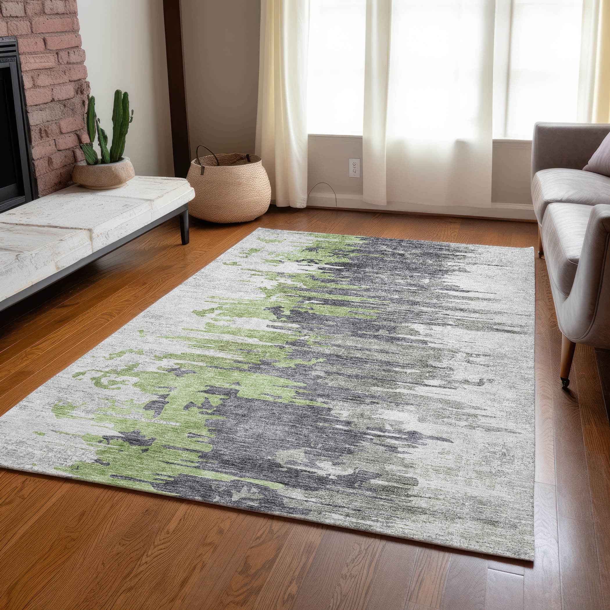 9' X 12' Green And Silver Abstract Washable Indoor Outdoor Area Rug