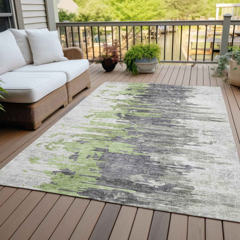 9' X 12' Green And Silver Abstract Washable Indoor Outdoor Area Rug