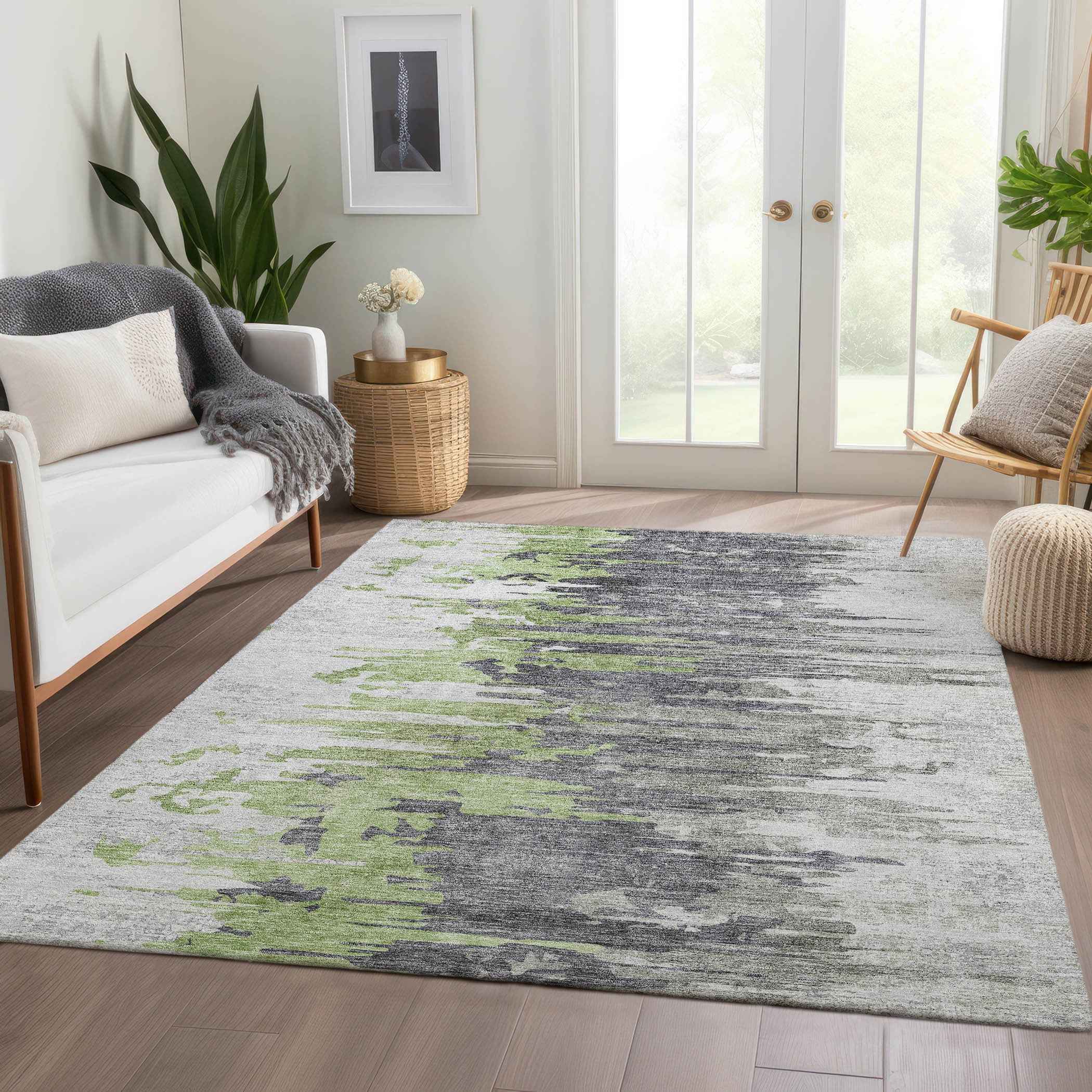 9' X 12' Green And Silver Abstract Washable Indoor Outdoor Area Rug