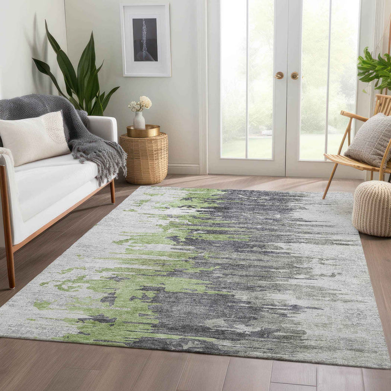 9' X 12' Green And Silver Abstract Washable Indoor Outdoor Area Rug