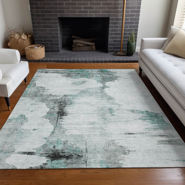 5' X 8' Teal Blue Silver And Gray Abstract Washable Indoor Outdoor Area Rug Default Title