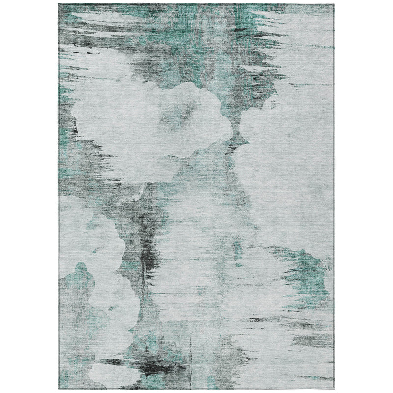 5' X 8' Teal Blue Silver And Gray Abstract Washable Indoor Outdoor Area Rug