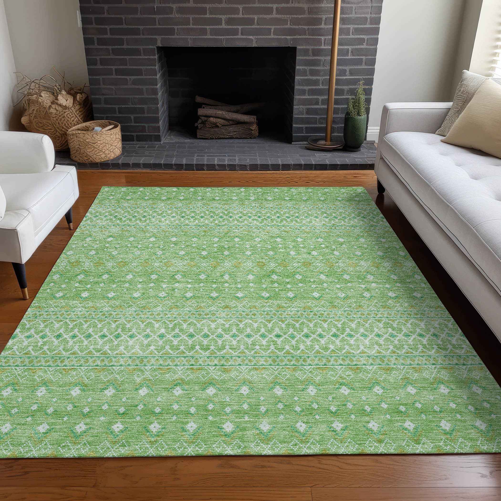 3' X 5' Green And Mint Green Tribal Washable Indoor Outdoor Area Rug