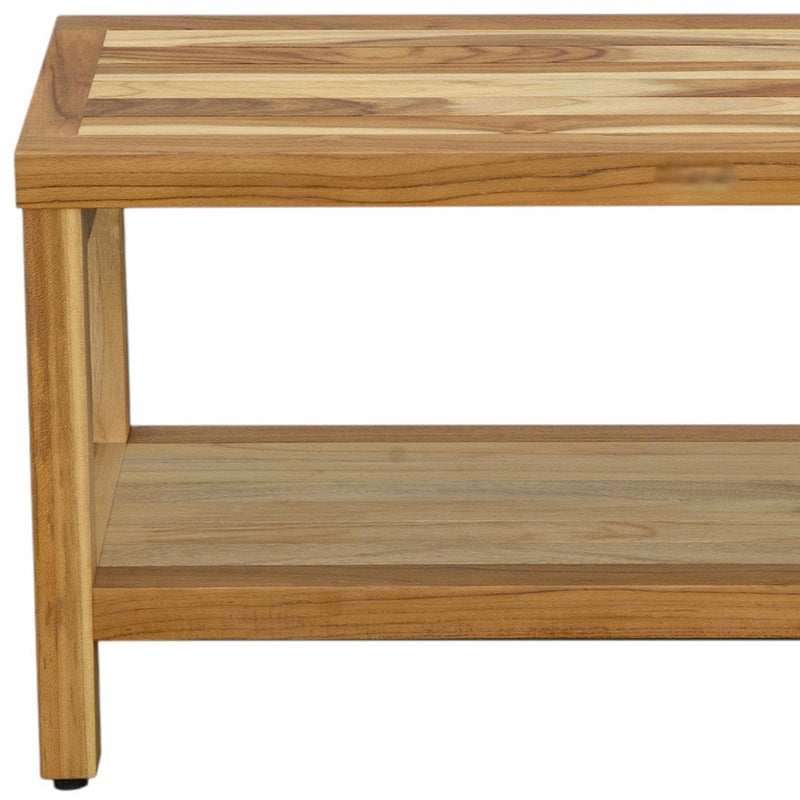 Natural teak shower bench with slatted top and open lower shelf, side view