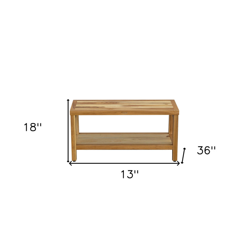 Natural teak shower bench, 36 in long with 13 in width and 18 in height, shelf
