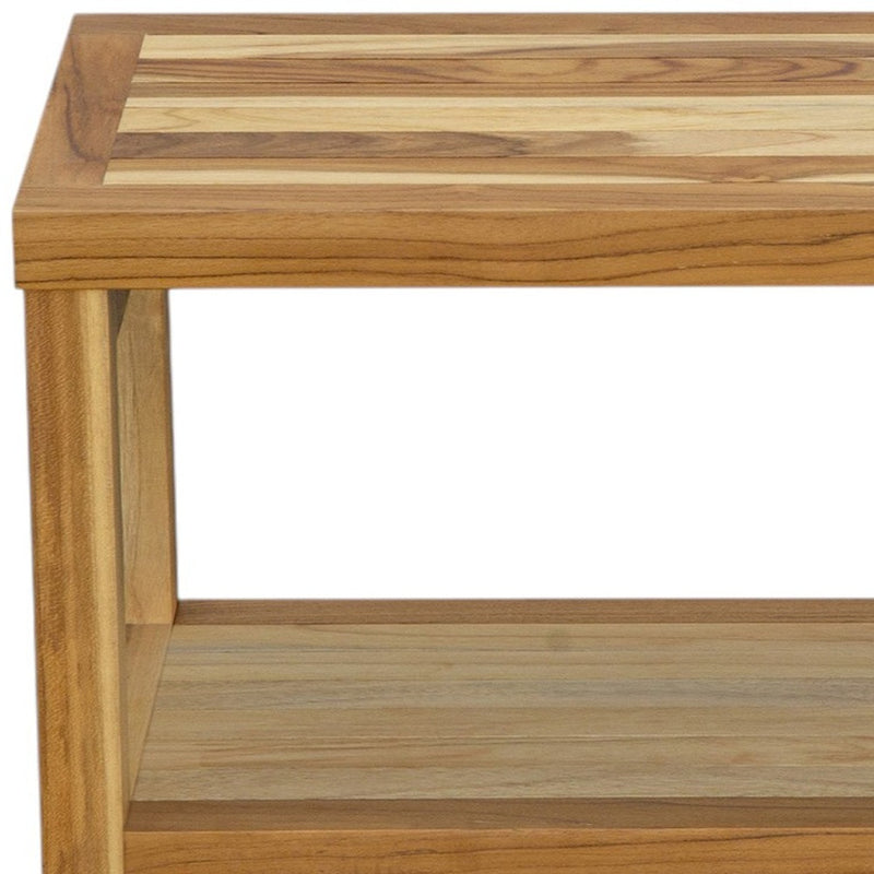 Natural teak shower bench corner detail with slatted top and lower shelf support