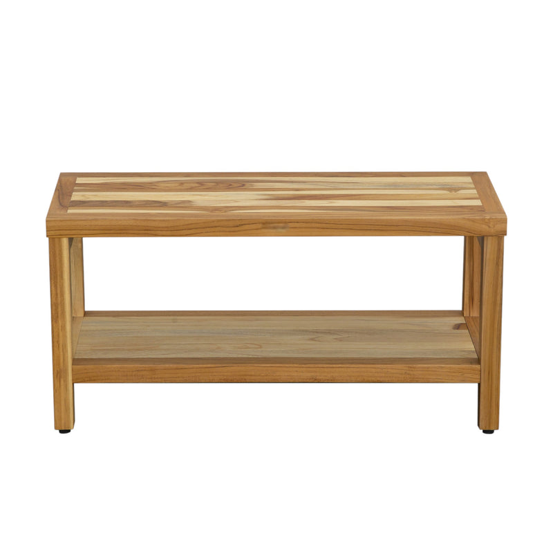 Natural teak rectangular shower bench with two-tier slatted shelf and sturdy legs