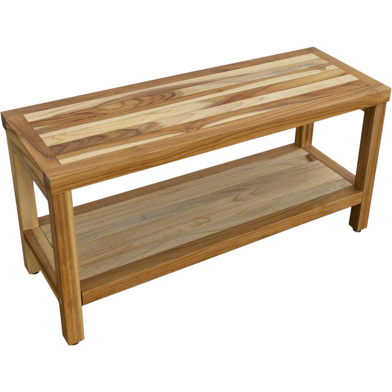 Natural teak rectangular shower bench with two-tier shelf, open frame and rounded legs