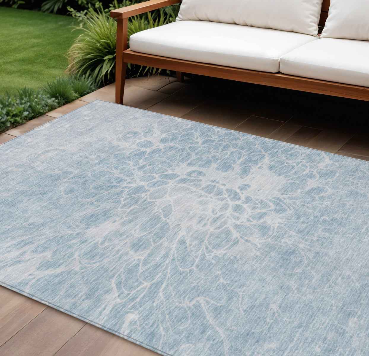 8' X 10' Sky Blue And Denim Blue Abstract Washable Indoor Outdoor Area Rug