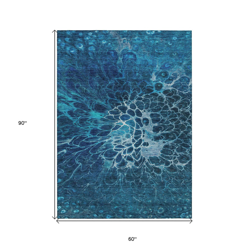 5' X 8' Navy Blue And Sky Blue Abstract Washable Indoor Outdoor Area Rug