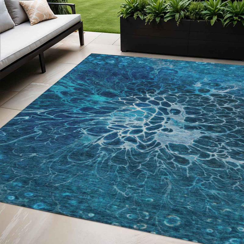 5' X 8' Navy Blue And Sky Blue Abstract Washable Indoor Outdoor Area Rug