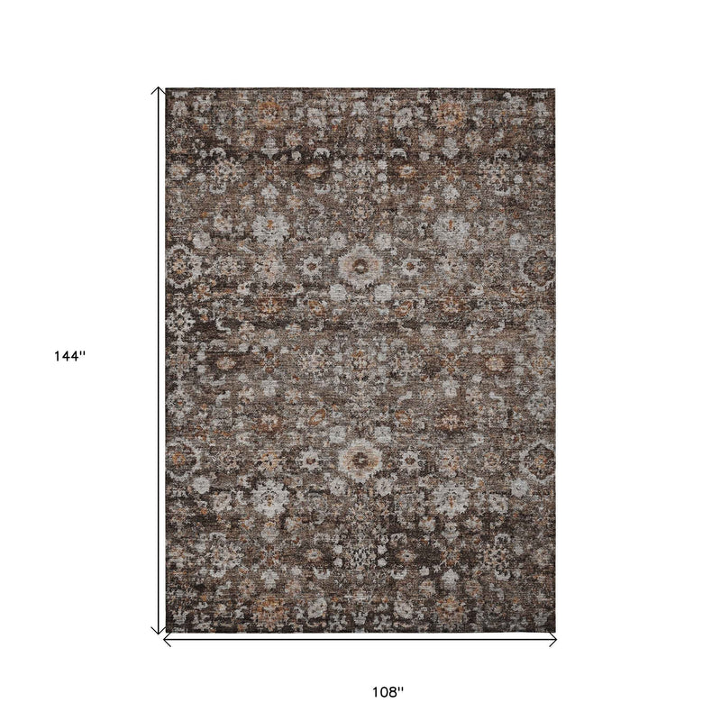 9' X 12' Dark Brown Brown And Taupe Oriental Washable Indoor Outdoor Area Rug