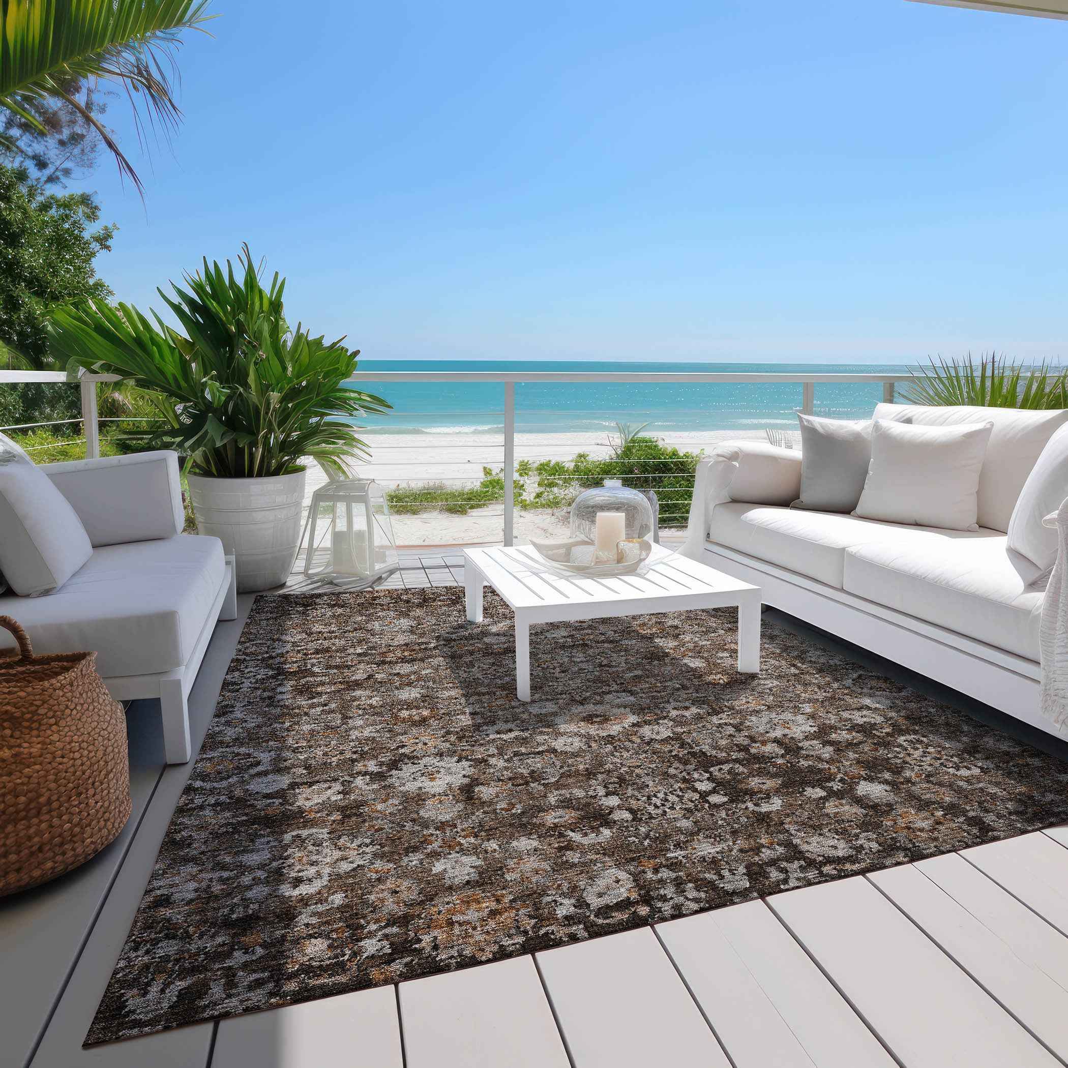 9' X 12' Dark Brown Brown And Taupe Oriental Washable Indoor Outdoor Area Rug