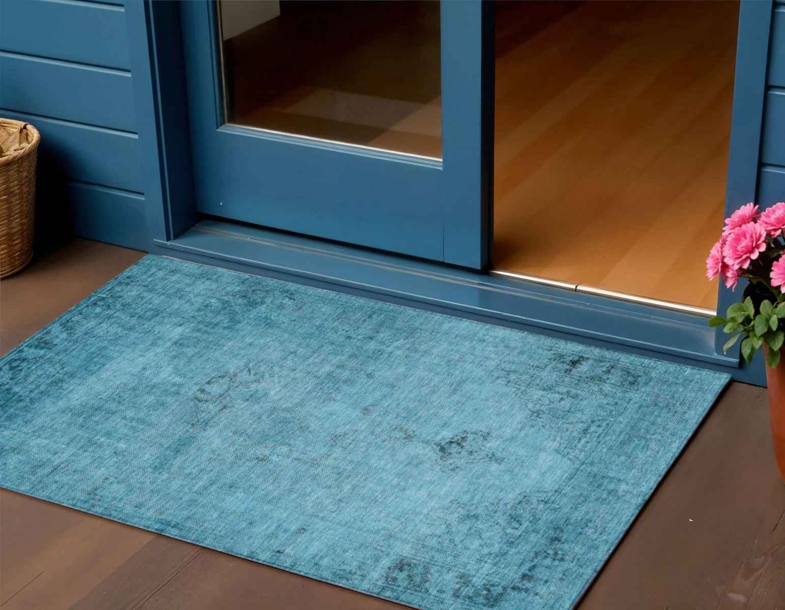 3' X 5' Denim Blue And Navy Blue Oriental Washable Indoor Outdoor Area Rug