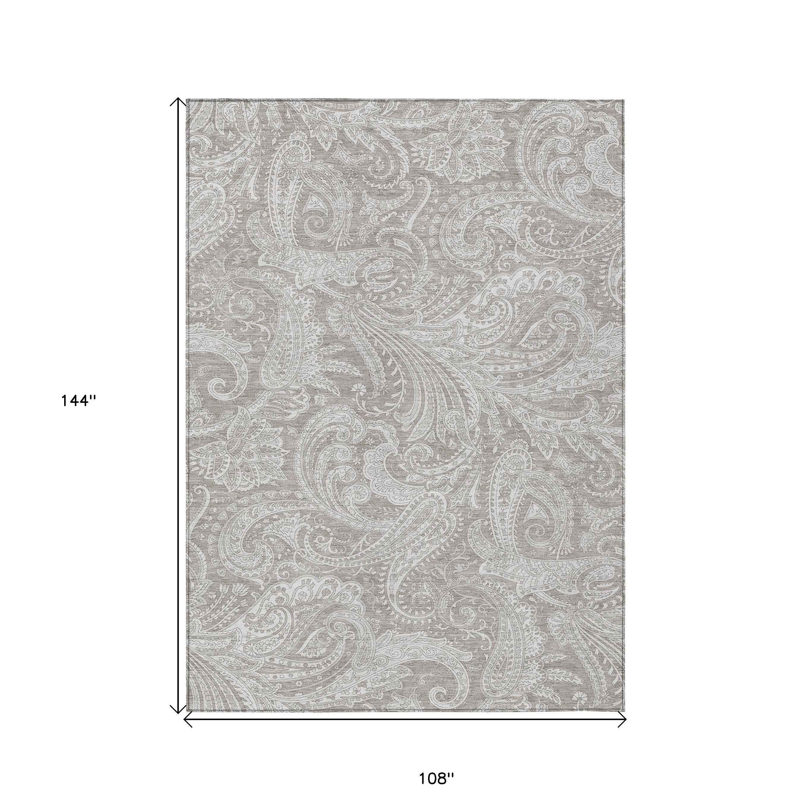 9' X 12' Taupe Beige And Ivory Paisley Washable Indoor Outdoor Area Rug