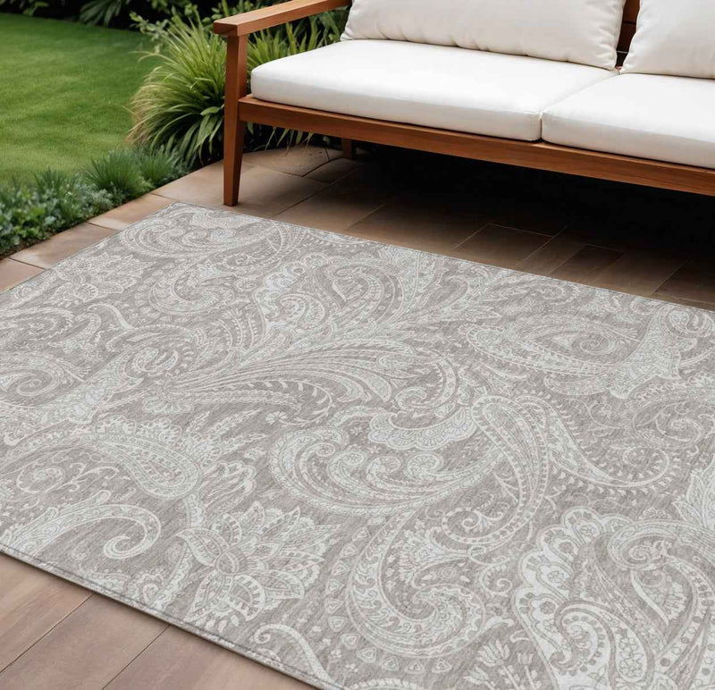9' X 12' Taupe Beige And Ivory Paisley Washable Indoor Outdoor Area Rug