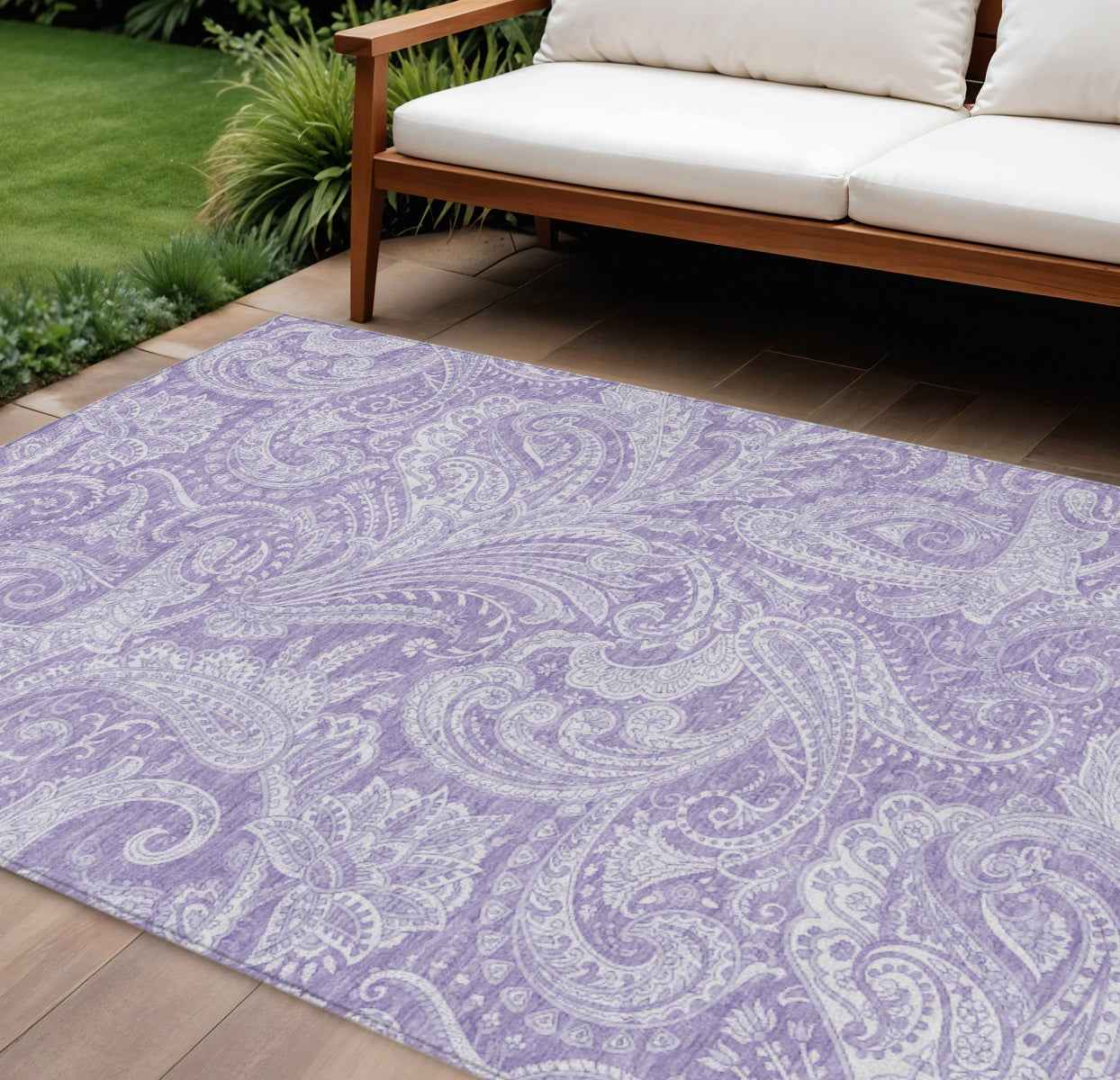 8' X 10' Lavender Purple And Ivory Paisley Washable Indoor Outdoor Area Rug