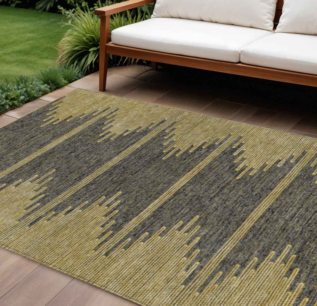 8' X 10' Dark Gray And Gold Abstract Washable Indoor Outdoor Area Rug
