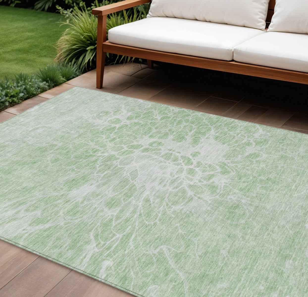 8' X 10' Mint Green And Ivory Abstract Washable Indoor Outdoor Area Rug