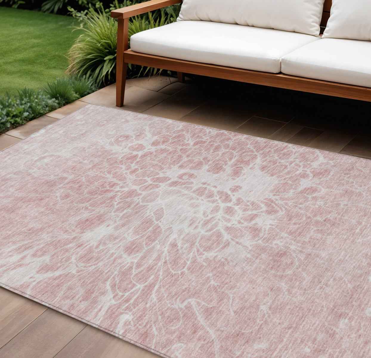 8' X 10' Pink Blush And Ivory Abstract Washable Indoor Outdoor Area Rug