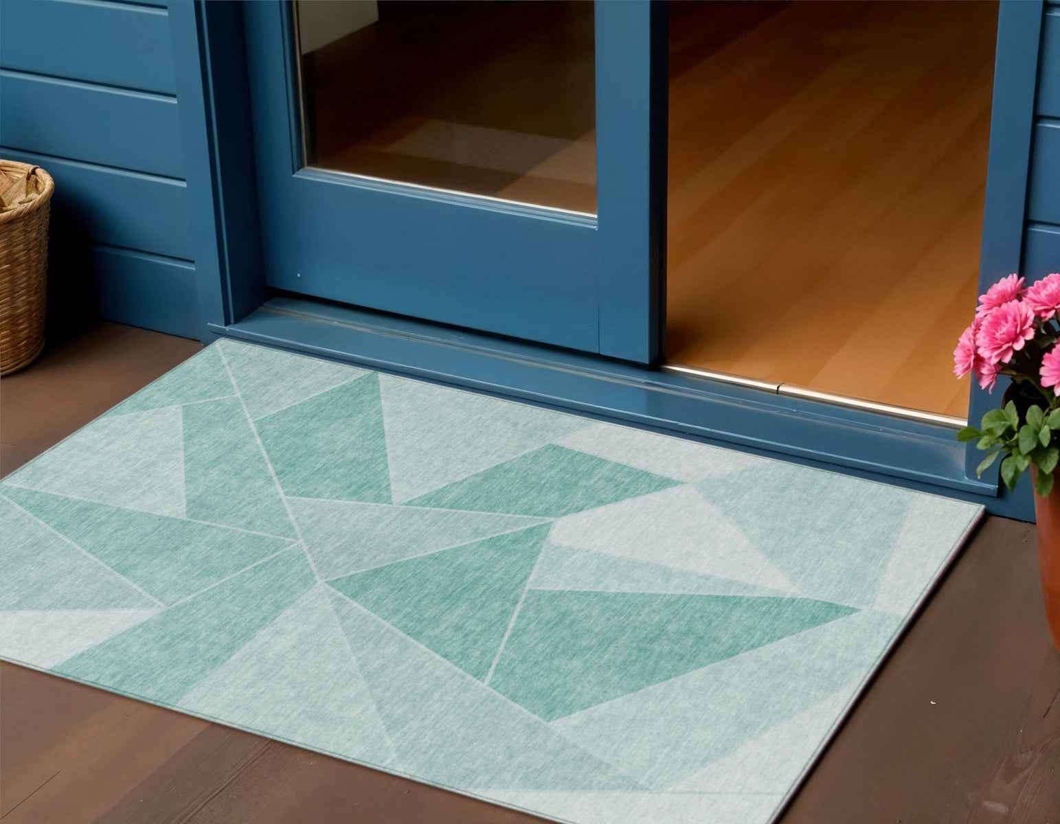 3' X 5' Mint Green And Aqua Geometric Washable Indoor Outdoor Area Rug