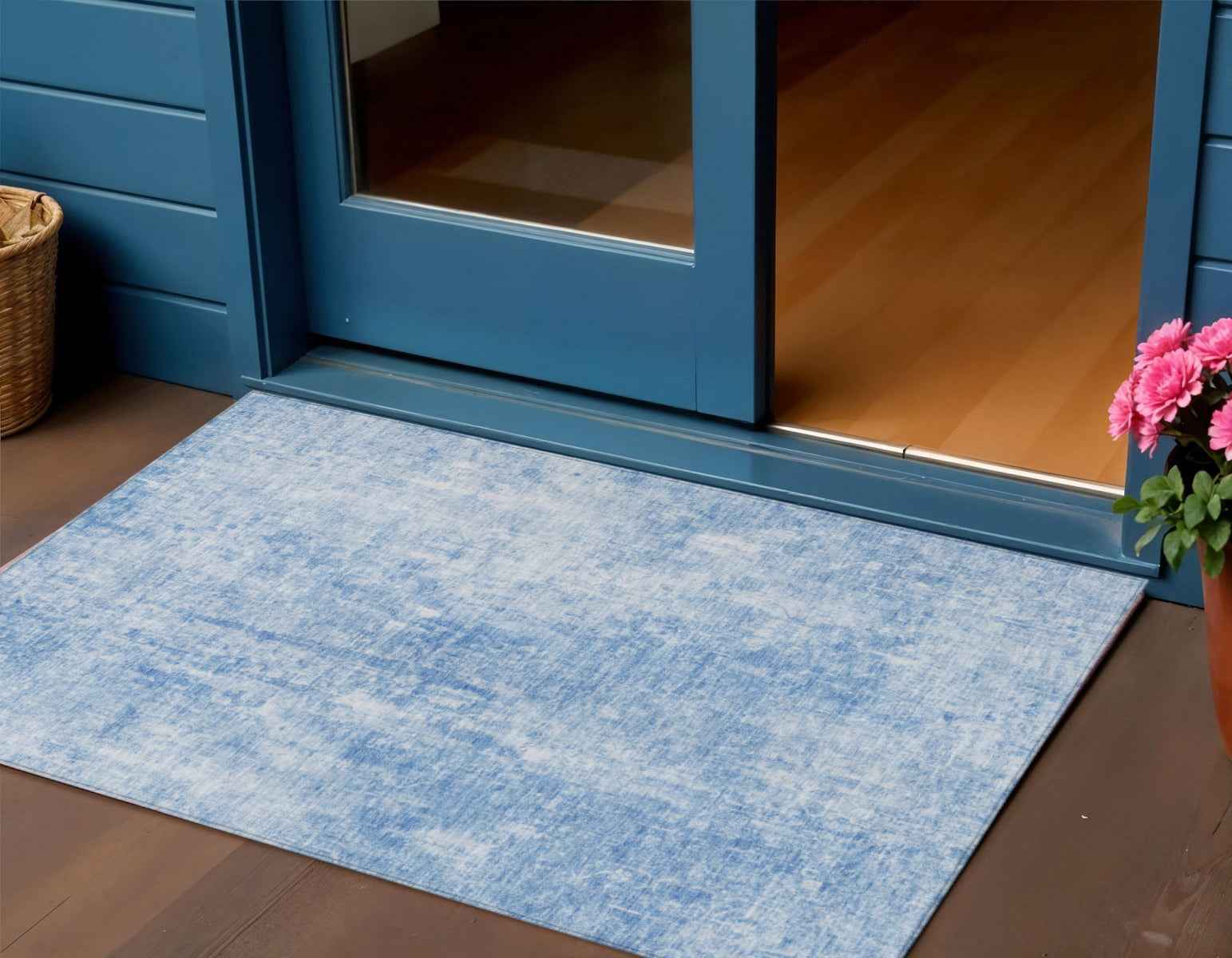 3' X 5' Denim Blue And Ivory Abstract Washable Indoor Outdoor Area Rug