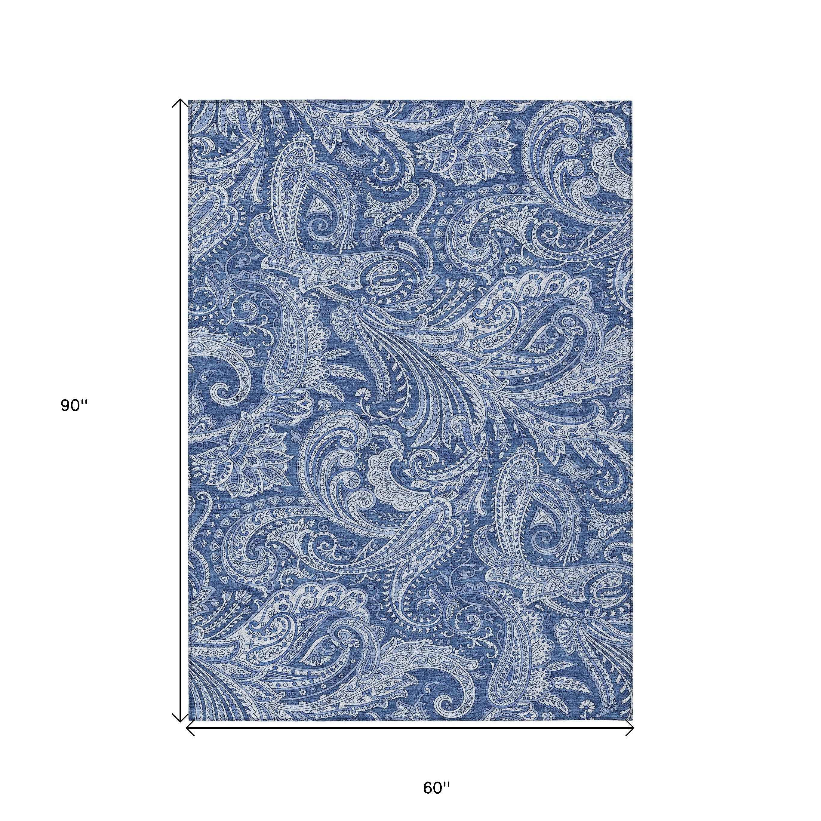 5' X 8' Navy Blue And Denim Blue Paisley Washable Indoor Outdoor Area Rug