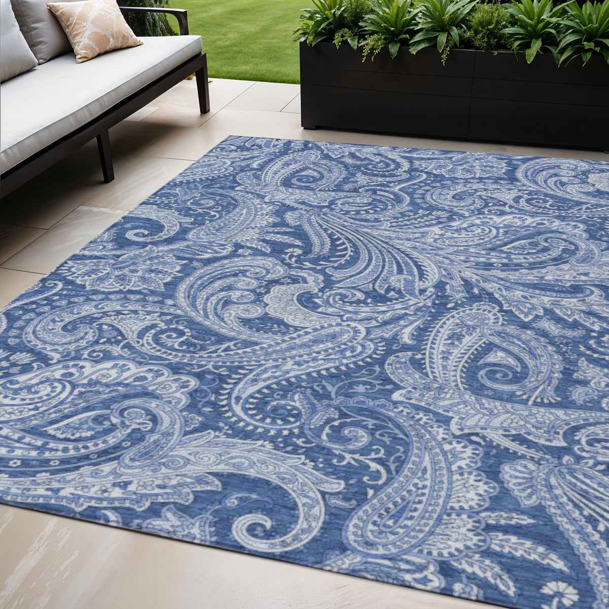 5' X 8' Navy Blue And Denim Blue Paisley Washable Indoor Outdoor Area Rug