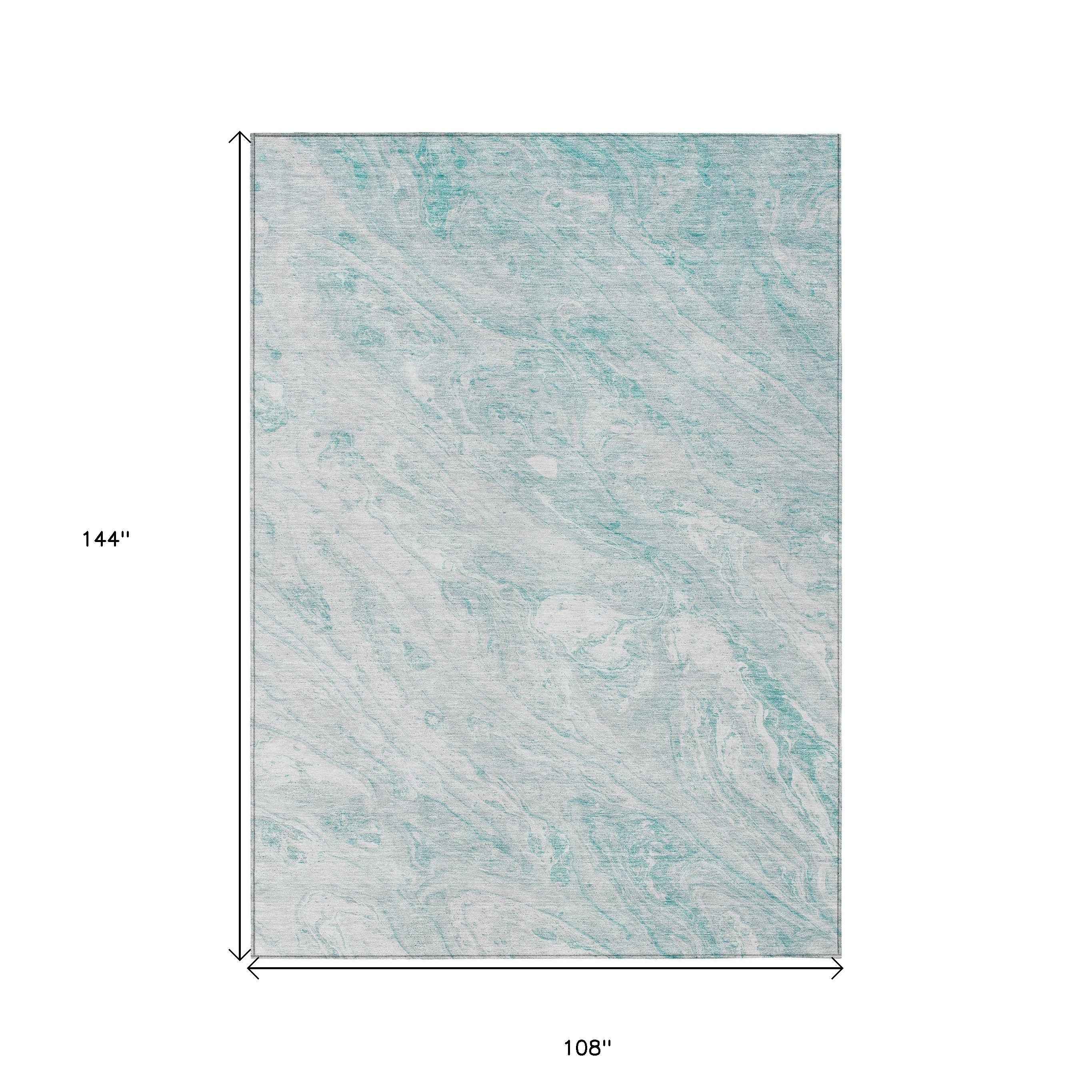 9' X 12' Aquamarine Aqua And Ivory Abstract Washable Indoor Outdoor Area Rug