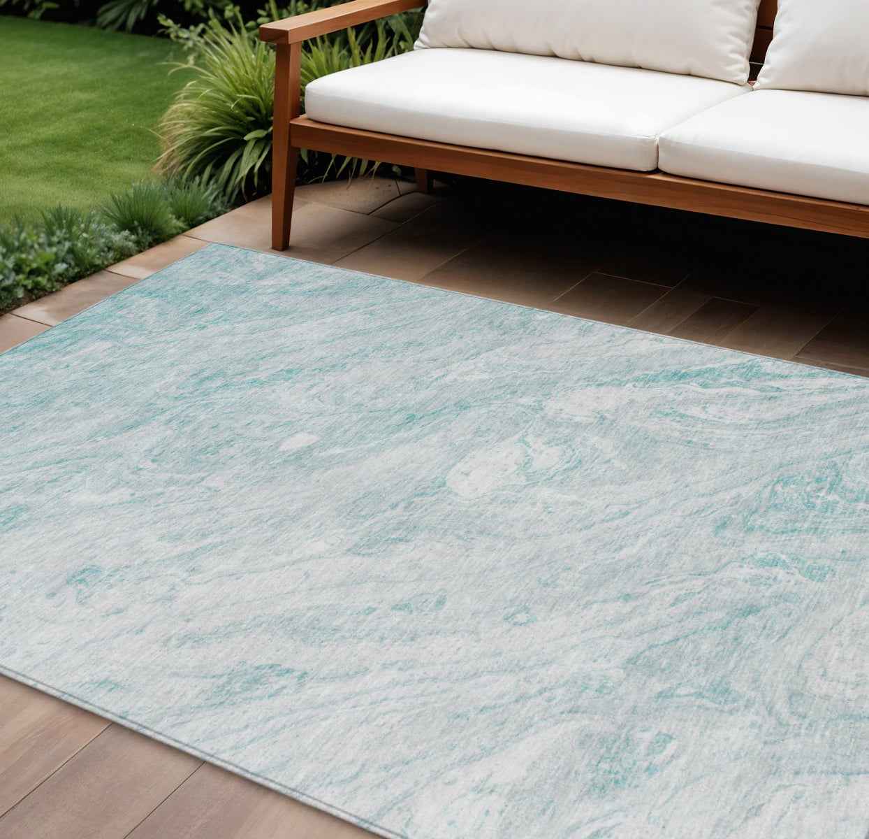 9' X 12' Aquamarine Aqua And Ivory Abstract Washable Indoor Outdoor Area Rug