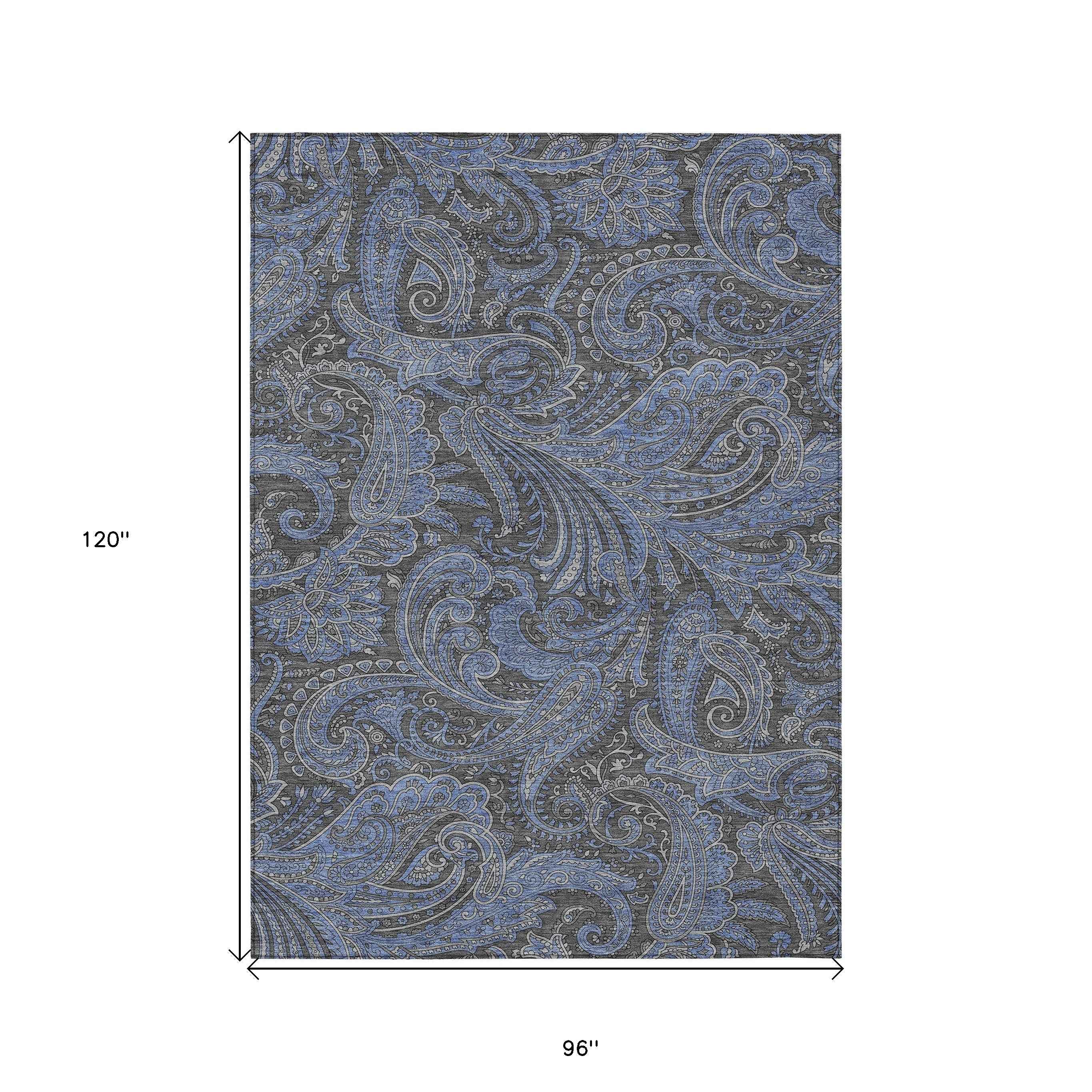 8' X 10' Charcoal Gray And Blue Paisley Washable Indoor Outdoor Area Rug