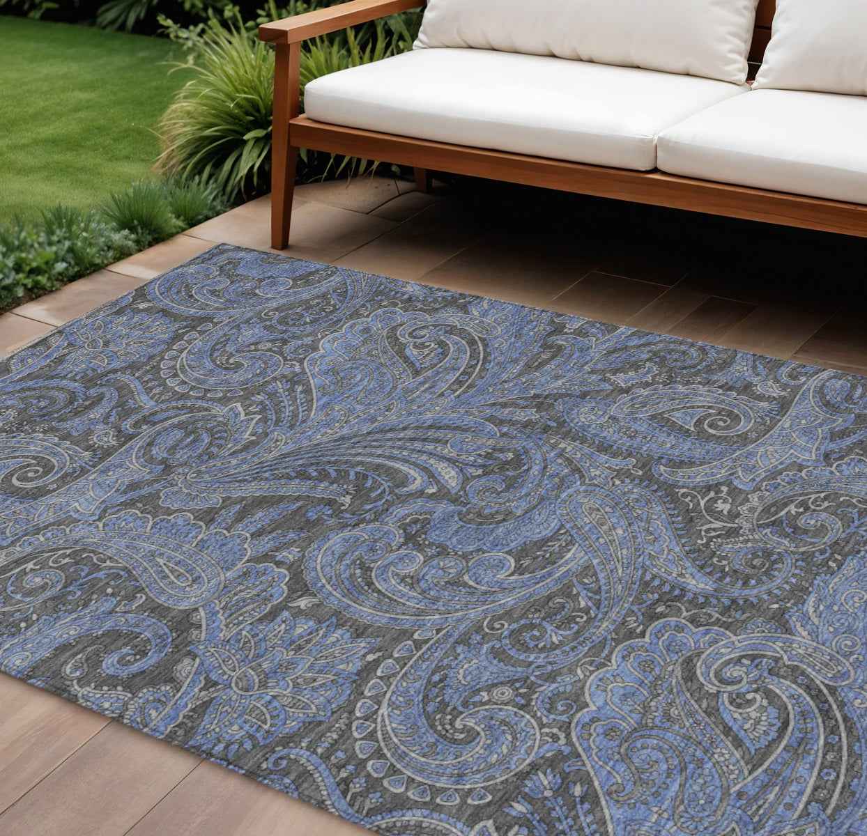 8' X 10' Charcoal Gray And Blue Paisley Washable Indoor Outdoor Area Rug