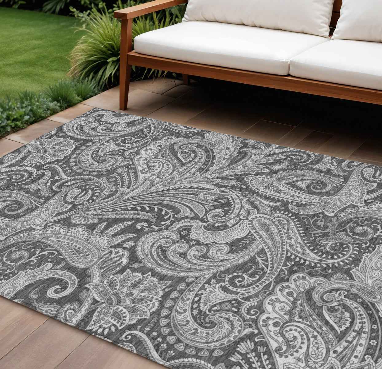 9' X 12' Gray Charcoal And Ivory Paisley Washable Indoor Outdoor Area Rug