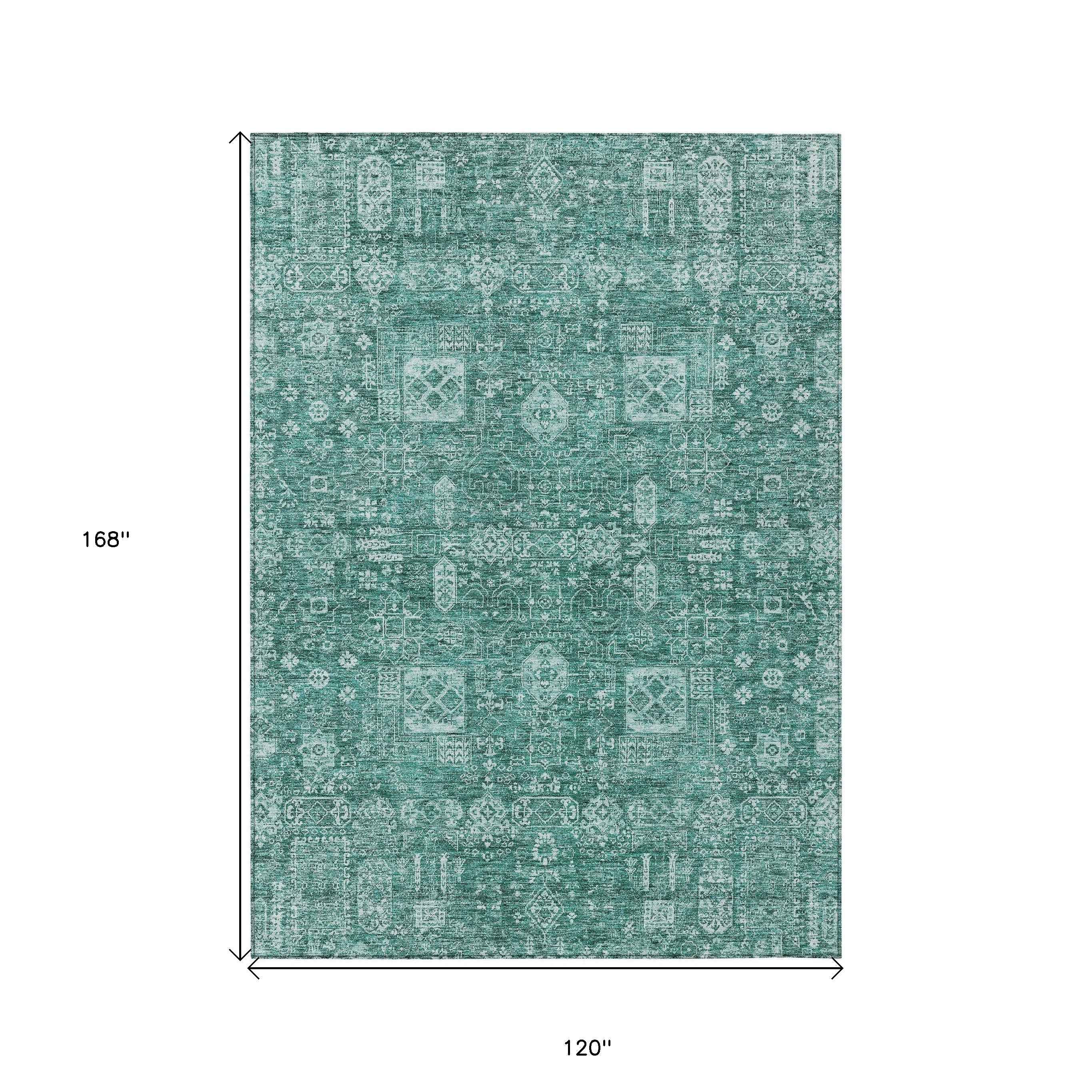 10' X 14' Dark Green And Aqua Oriental Washable Indoor Outdoor Area Rug