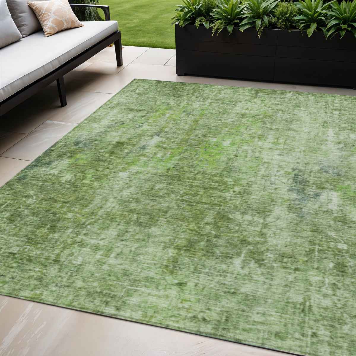 5' X 8' Olive Green And Artichoke Green Abstract Washable Indoor Outdoor Area Rug
