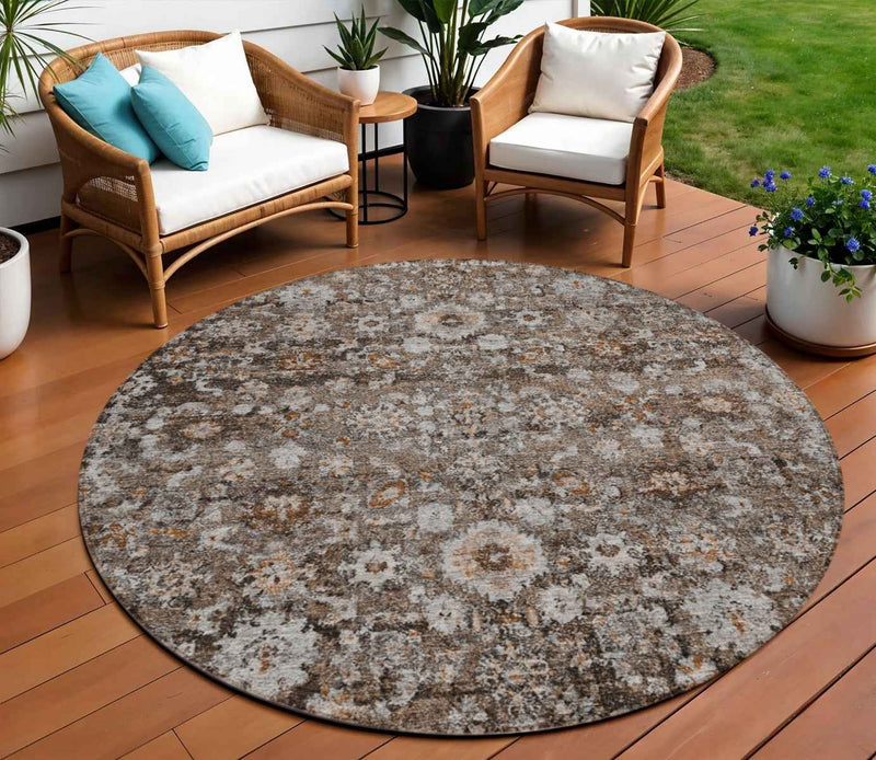 8' Dark Brown Brown And Taupe Round Oriental Washable Indoor Outdoor Area Rug