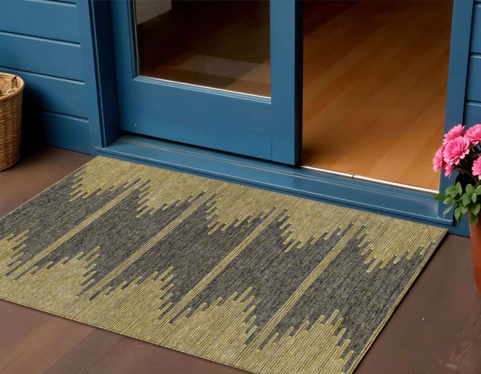 3' X 5' Dark Gray And Gold Abstract Washable Indoor Outdoor Area Rug