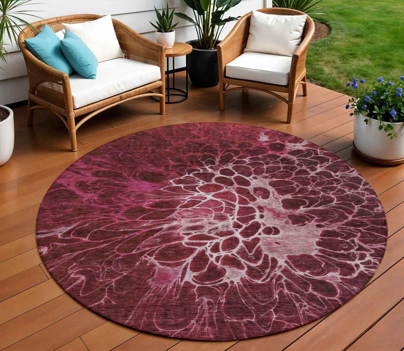 8' Merlot Blush And Gray Round Abstract Washable Indoor Outdoor Area Rug